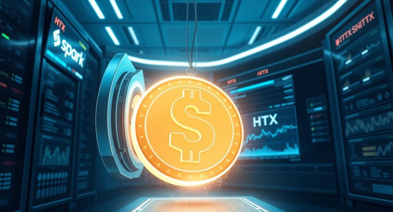 Justin Sun USDT transfer from Spark to HTX exchange visualized as a glowing token moving between digital platforms.