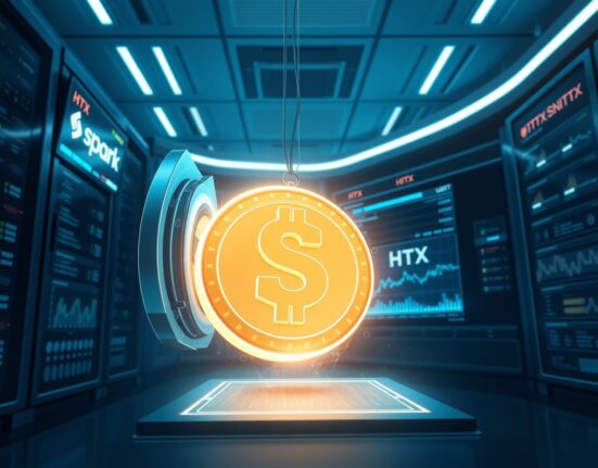 Justin Sun USDT transfer from Spark to HTX exchange visualized as a glowing token moving between digital platforms.