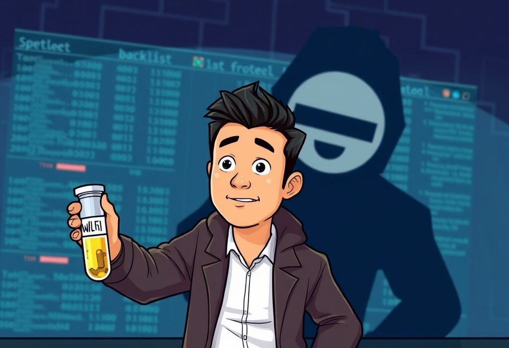 A cartoon illustration showing Justin Sun WLFI test transfers overshadowed by a blacklisting controversy.