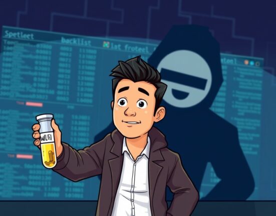 A cartoon illustration showing Justin Sun WLFI test transfers overshadowed by a blacklisting controversy.