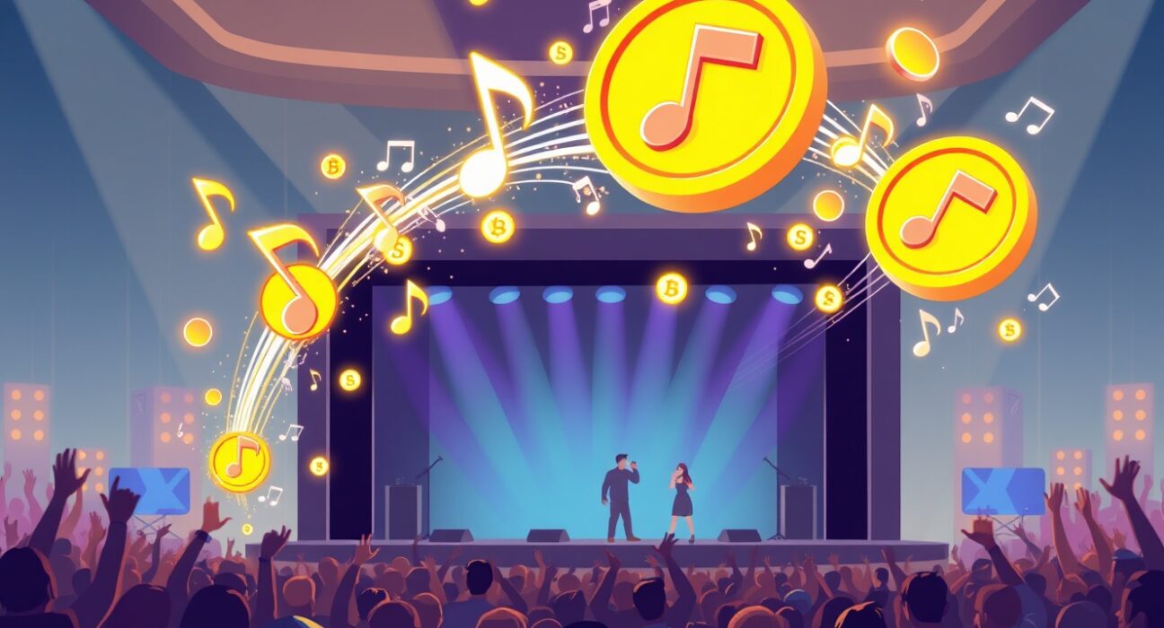 A vibrant cartoon depicting K-pop IP tokenization, showing music transforming into digital assets for investment opportunities.