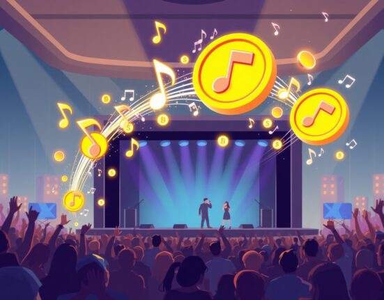 A vibrant cartoon depicting K-pop IP tokenization, showing music transforming into digital assets for investment opportunities.