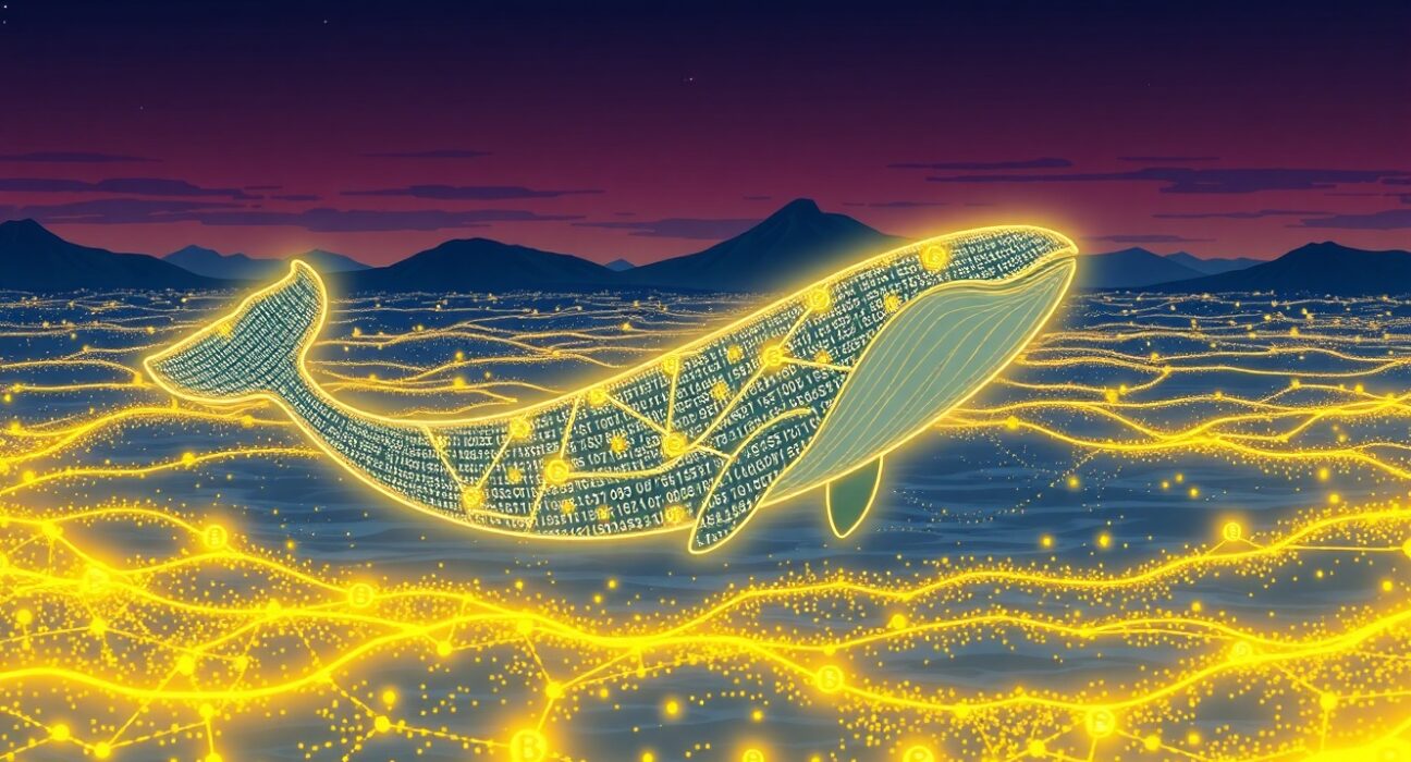 K3 Capital's massive Ethereum investment visualized as a digital whale in blockchain ecosystem