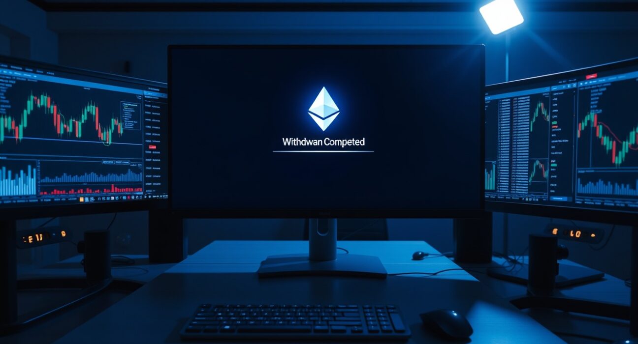 Digital wallet interface showing a large Ethereum withdrawal from Binance on a trading desk with monitors.