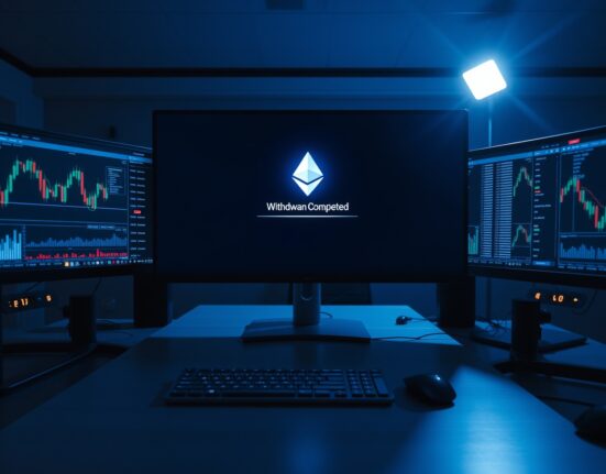 Digital wallet interface showing a large Ethereum withdrawal from Binance on a trading desk with monitors.