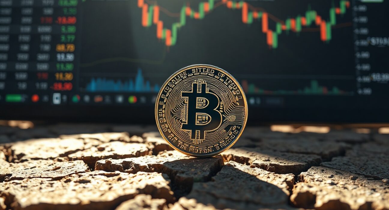 Bitcoin coin on cracked dry earth with blurred stock chart background representing market volatility