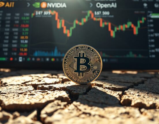 Bitcoin coin on cracked dry earth with blurred stock chart background representing market volatility