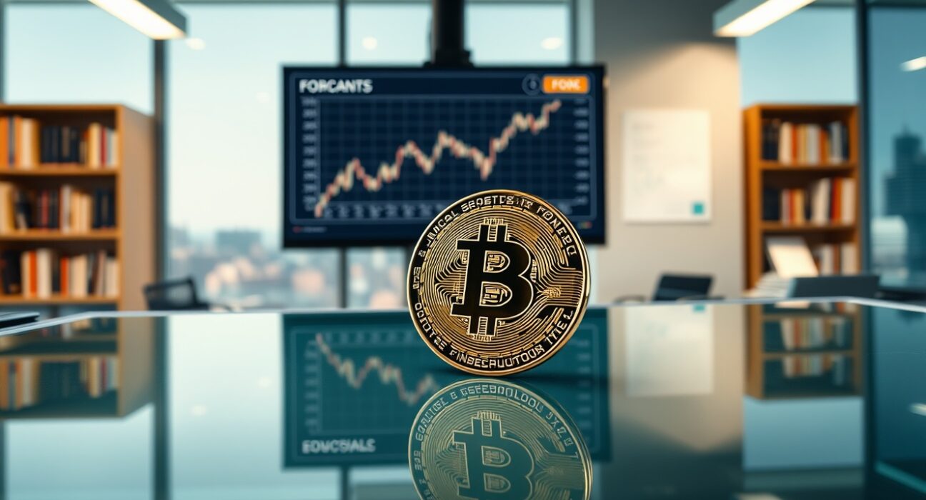 Bitcoin coin on a newsroom desk with a financial monitor and FOMC document in background