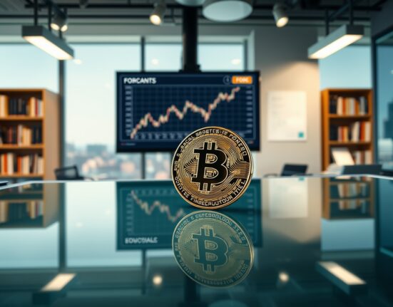 Bitcoin coin on a newsroom desk with a financial monitor and FOMC document in background