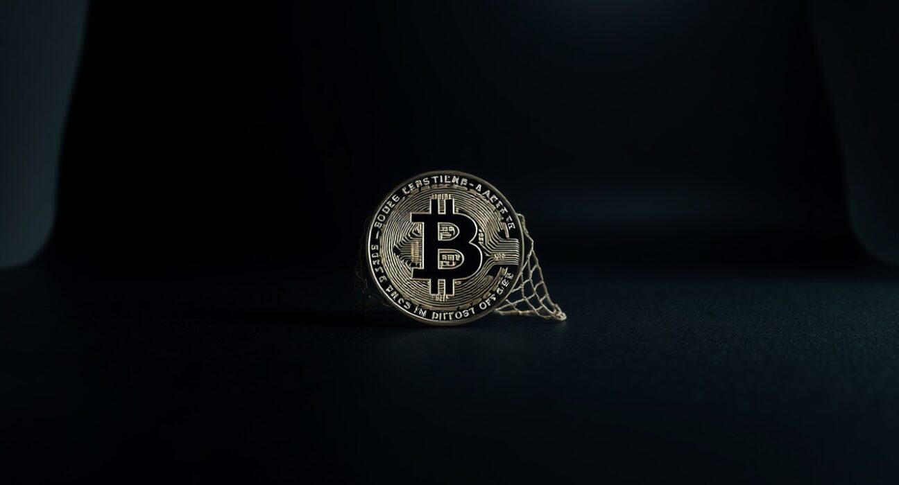 Bitcoin coin with a protective net-like shadow, symbolizing market pessimism as a safety net against further price crashes.