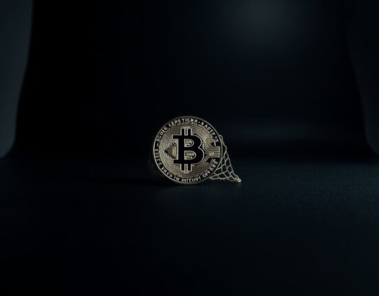 Bitcoin coin with a protective net-like shadow, symbolizing market pessimism as a safety net against further price crashes.