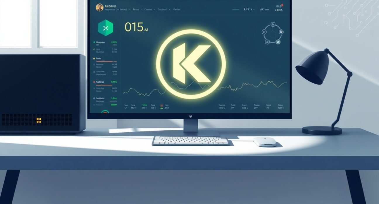 Kadena cryptocurrency price prediction dashboard with KDA logo on screen