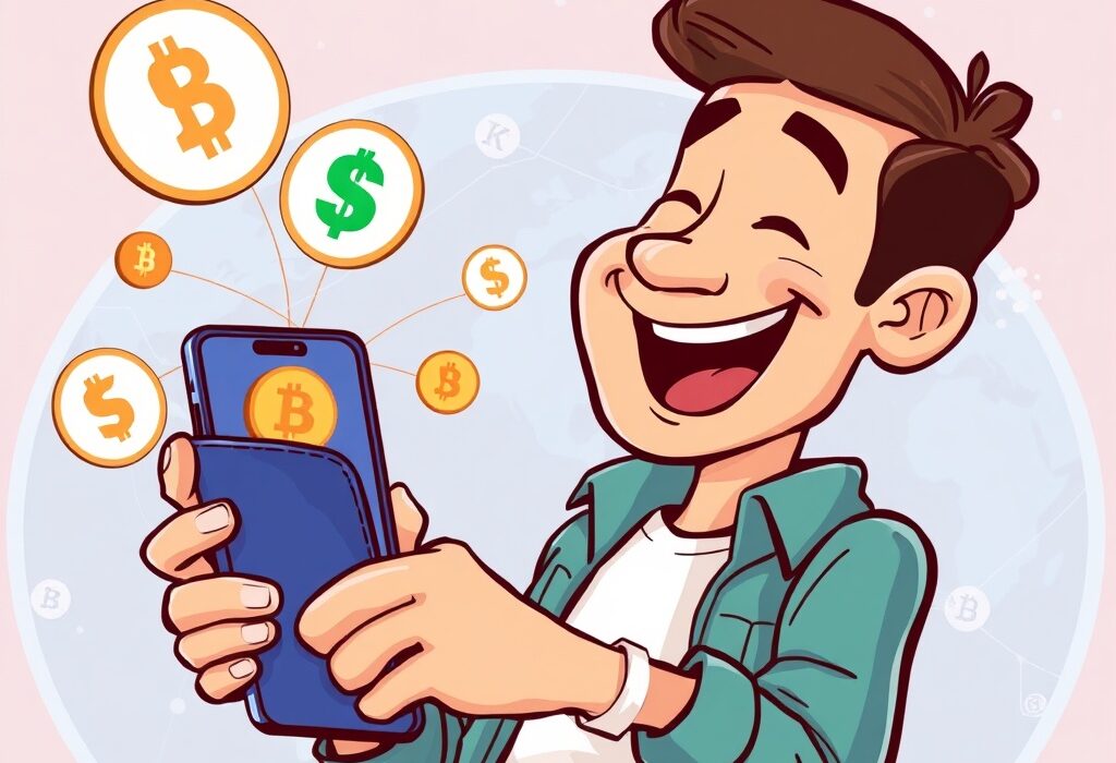 Cartoon illustration showing the ease of making Kaia-based USDT payments via Oobit, simplifying global crypto transactions.