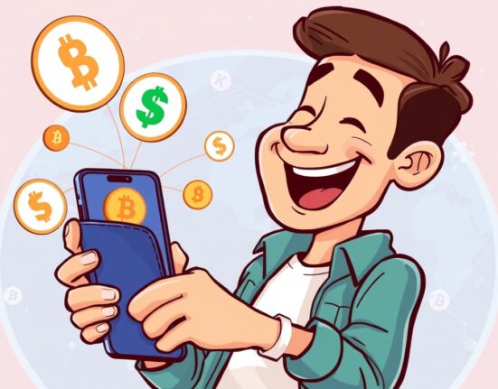 Cartoon illustration showing the ease of making Kaia-based USDT payments via Oobit, simplifying global crypto transactions.