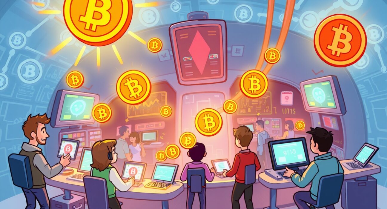 A vibrant cartoon illustration of the new decentralized spot exchange AlphaSec facilitating secure crypto trading.