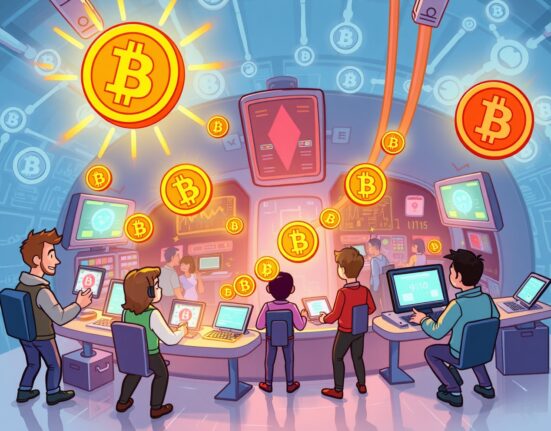 A vibrant cartoon illustration of the new decentralized spot exchange AlphaSec facilitating secure crypto trading.