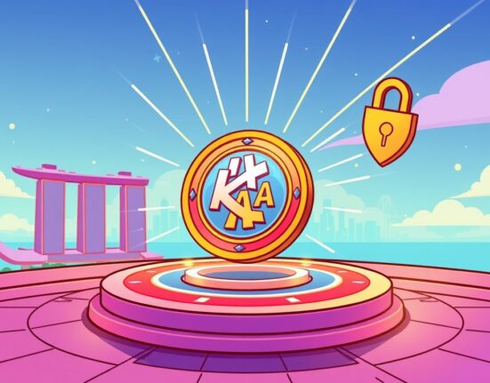 A cartoon illustration symbolizing the KAIA listing on Upbit Singapore, highlighting new trading opportunities for investors in the cryptocurrency market.