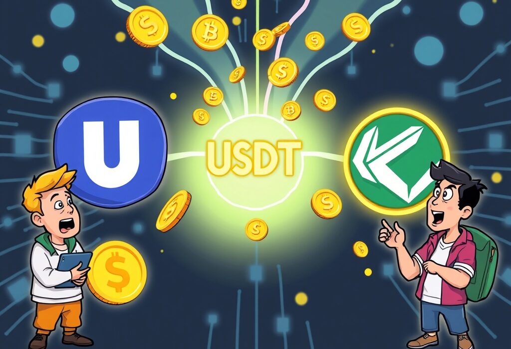 A vibrant cartoon shows Kaia Network USDT support on Upbit, symbolizing enhanced crypto deposits and withdrawals for traders.