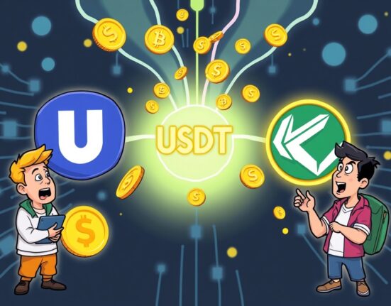 A vibrant cartoon shows Kaia Network USDT support on Upbit, symbolizing enhanced crypto deposits and withdrawals for traders.