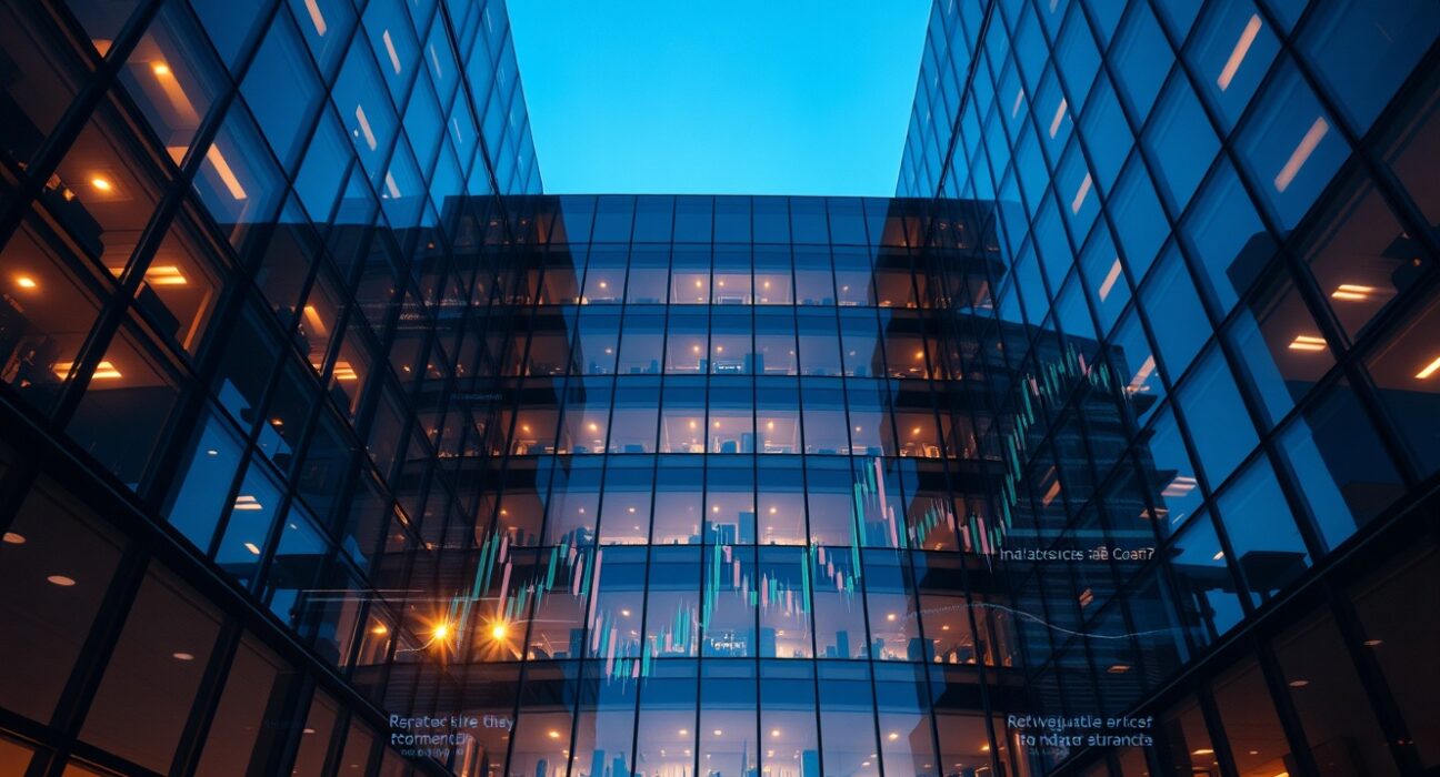 Modern office building with digital cryptocurrency data streams reflecting on windows at dusk