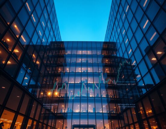 Modern office building with digital cryptocurrency data streams reflecting on windows at dusk
