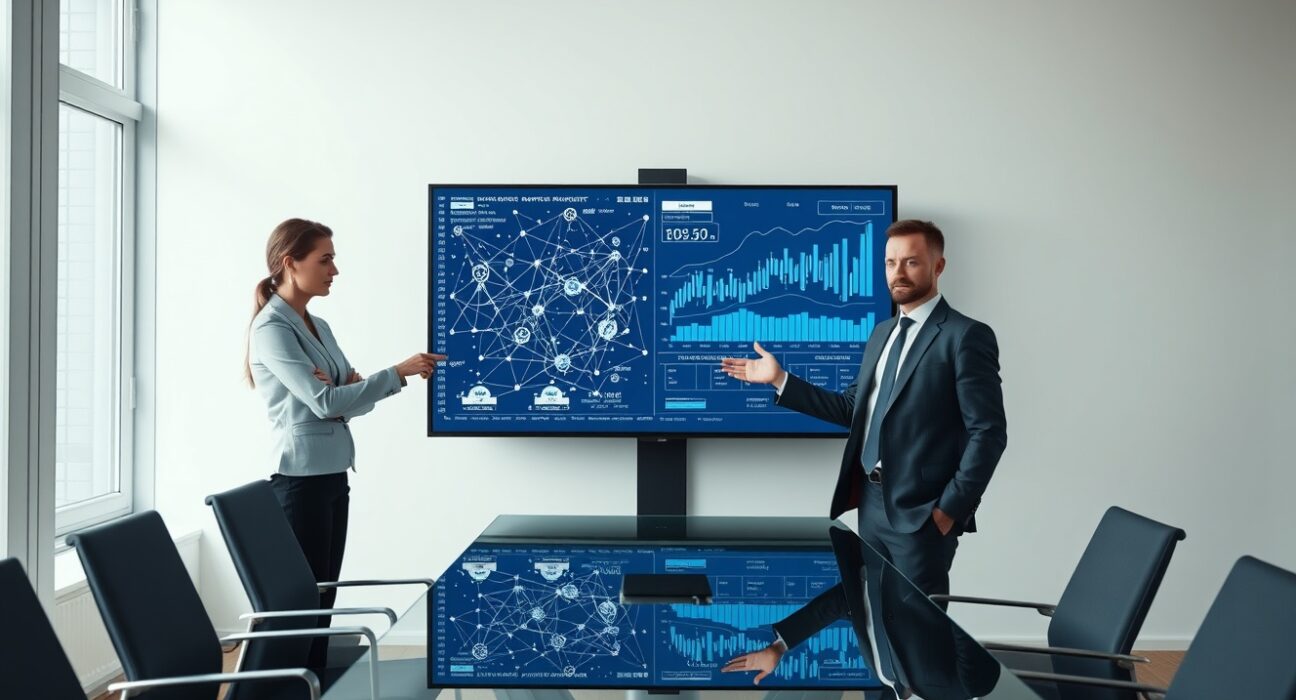 Two professionals discussing blockchain and financial data on a screen in a modern office, representing the Kaiko-Cometh acquisition.