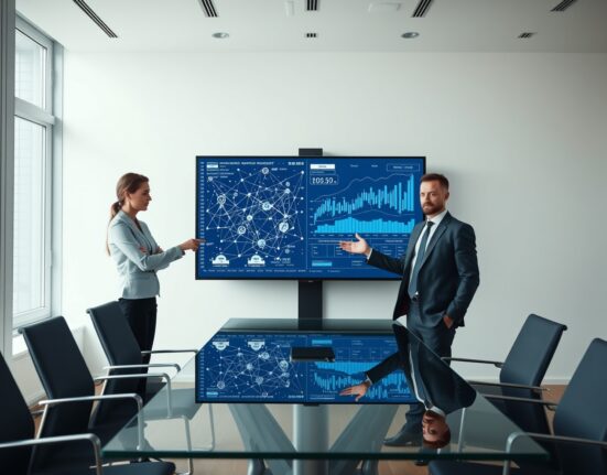 Two professionals discussing blockchain and financial data on a screen in a modern office, representing the Kaiko-Cometh acquisition.