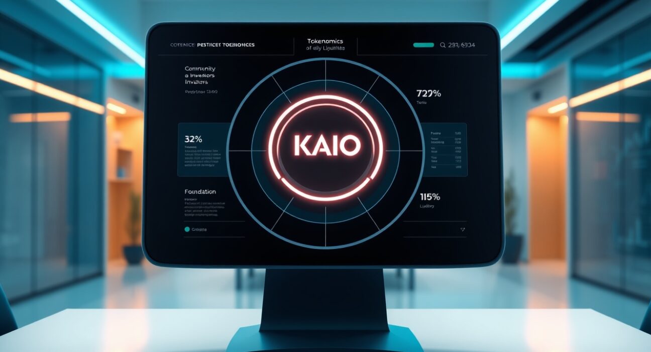 KAIO tokenomics chart showing allocation percentages for community incentives, investors, foundation, and liquidity in a digital dashboard