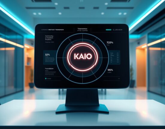 KAIO tokenomics chart showing allocation percentages for community incentives, investors, foundation, and liquidity in a digital dashboard