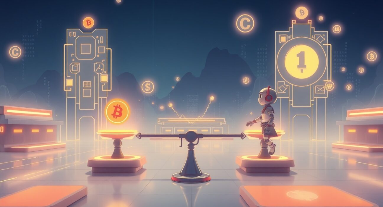 Kaito token market maker stabilization process visualized through abstract digital balance mechanisms