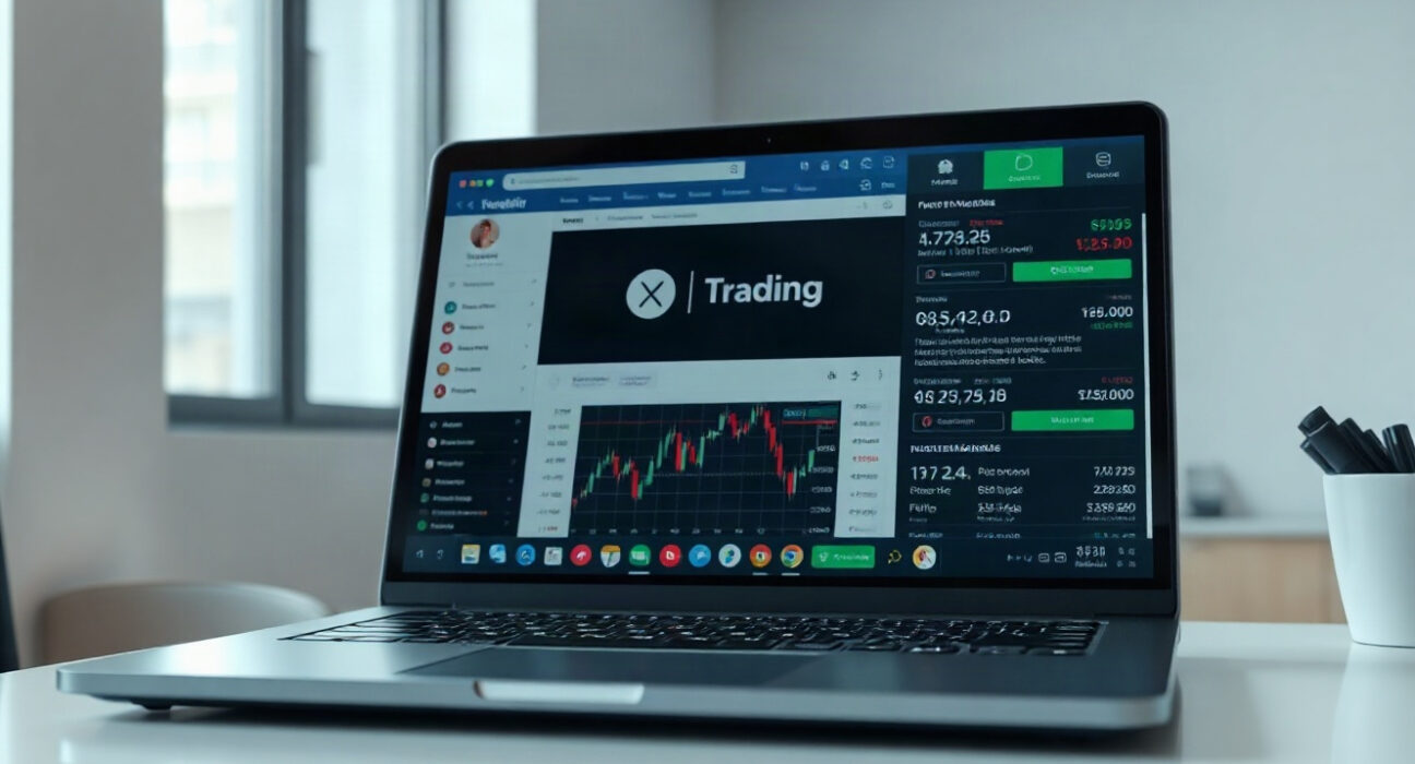 Laptop displaying social media feed with trading data sidebar in a modern office