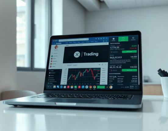 Laptop displaying social media feed with trading data sidebar in a modern office