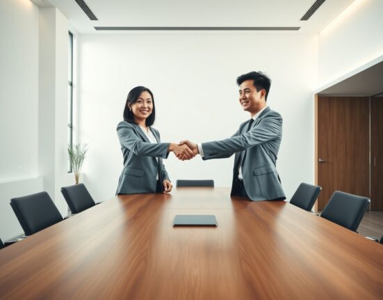 Business handshake representing Kakao Group and Circle partnership for digital asset cooperation