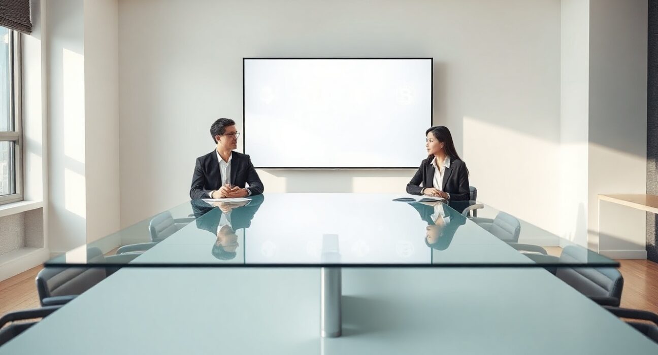 Two business professionals meeting in a modern Seoul boardroom discussing a digital currency project on a screen.