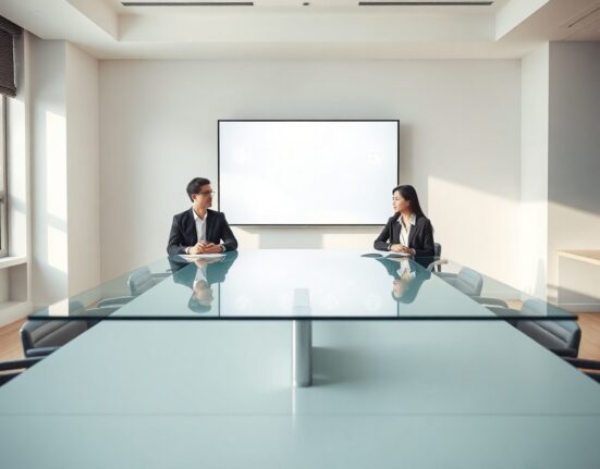 Two business professionals meeting in a modern Seoul boardroom discussing a digital currency project on a screen.