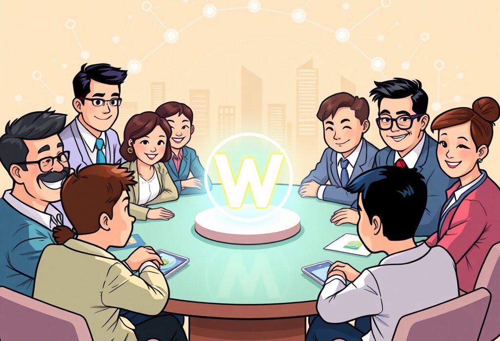 A cartoon illustration showing Kakao leaders collaborating on a significant Kakao stablecoin initiative, symbolizing fintech innovation.