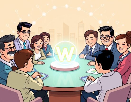 A cartoon illustration showing Kakao leaders collaborating on a significant Kakao stablecoin initiative, symbolizing fintech innovation.