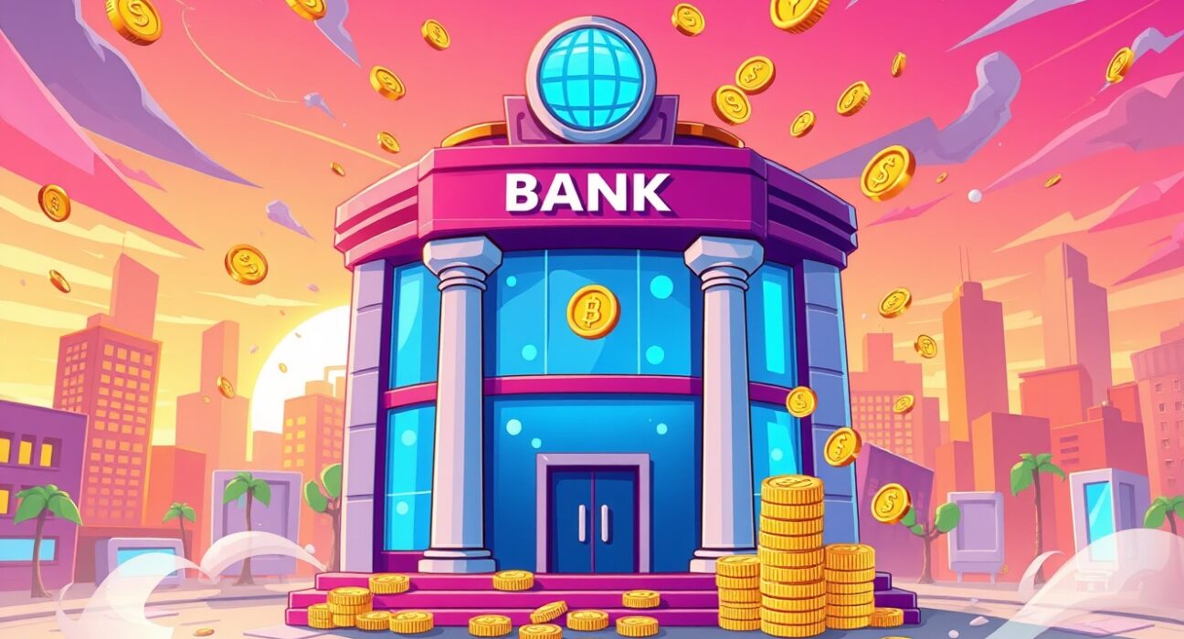 KakaoBank stablecoin development illustrated as digital coins emerging from a modern bank