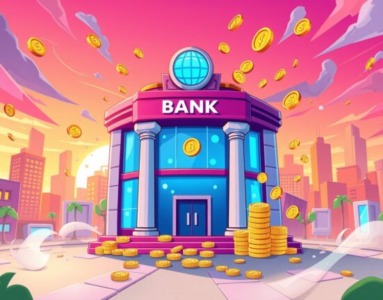 KakaoBank stablecoin development illustrated as digital coins emerging from a modern bank