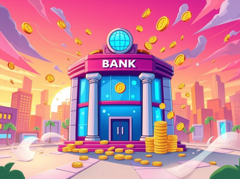 KakaoBank stablecoin development illustrated as digital coins emerging from a modern bank