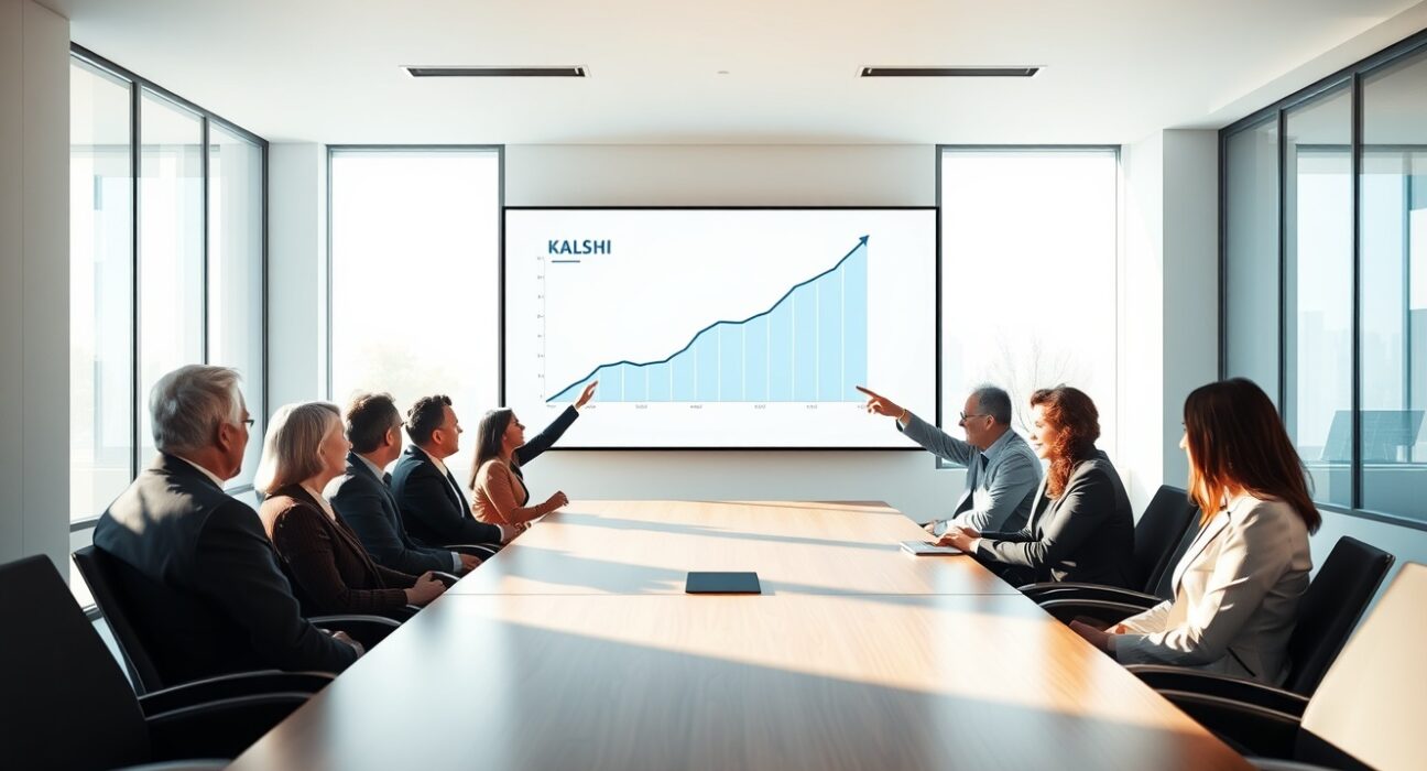 Kalshi boardroom meeting with professionals discussing growth data on a digital screen.