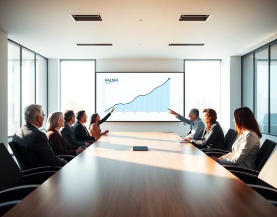 Kalshi boardroom meeting with professionals discussing growth data on a digital screen.