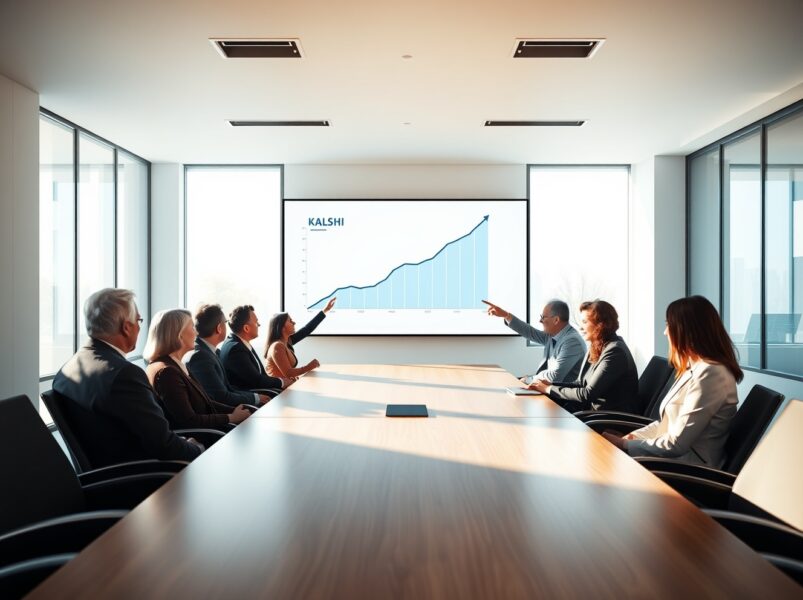 Kalshi boardroom meeting with professionals discussing growth data on a digital screen.