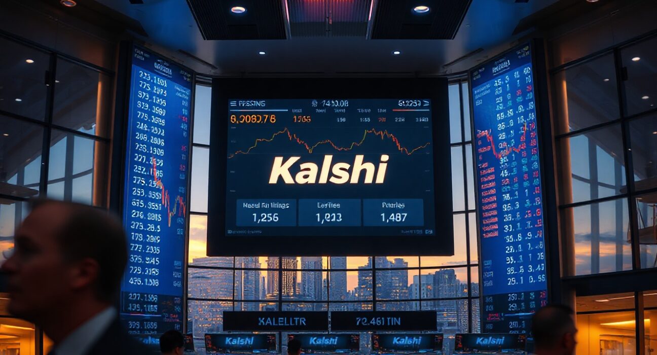 A view of a modern trading floor with digital screens showing market data, representing Kalshi's financial growth and IPO preparations.