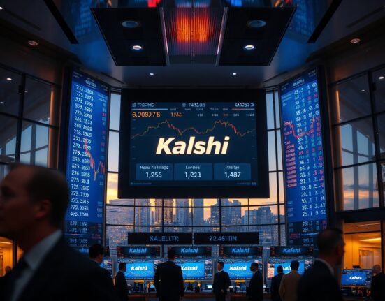 A view of a modern trading floor with digital screens showing market data, representing Kalshi's financial growth and IPO preparations.