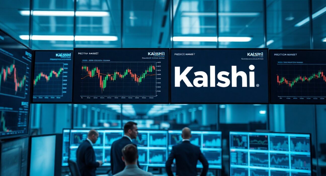 Kalshi trading floor with digital screens showing prediction market data and charts