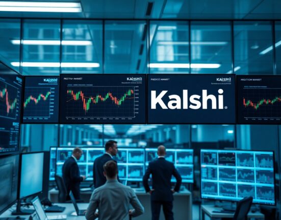 Kalshi trading floor with digital screens showing prediction market data and charts