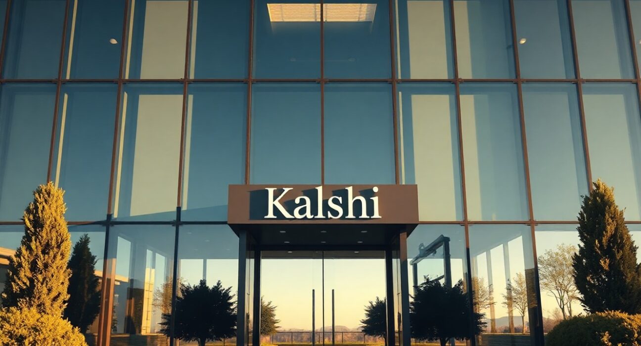 Modern office building with Kalshi sign, representing the company's corporate growth.