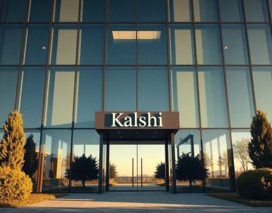 Modern office building with Kalshi sign, representing the company's corporate growth.