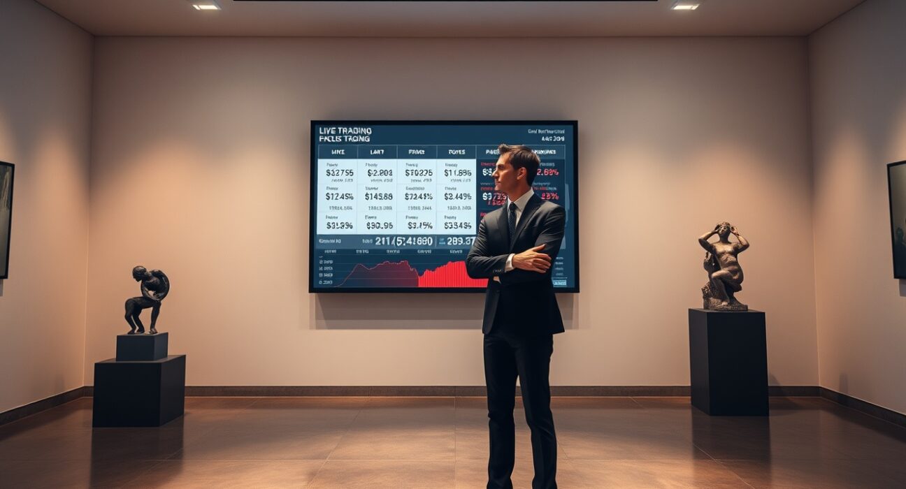 A person in a gallery viewing a screen displaying live trading prices for artworks